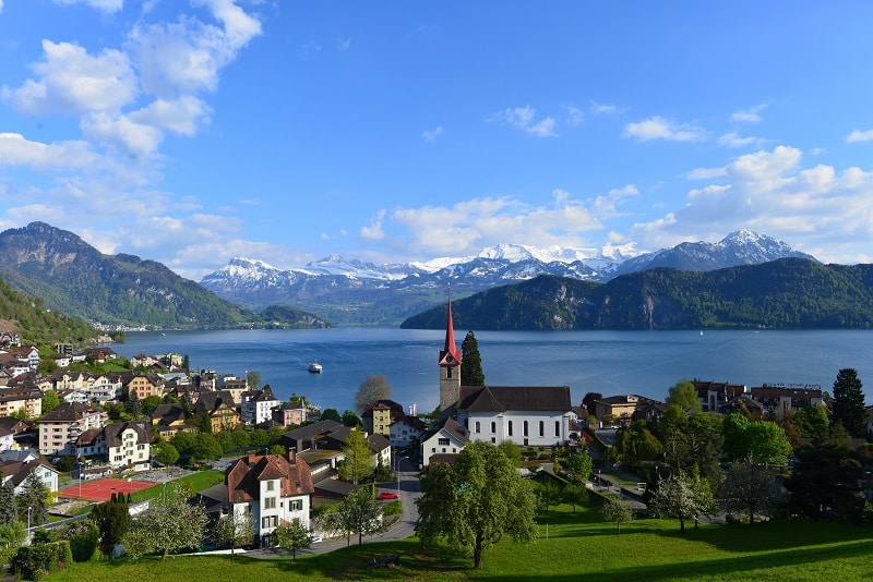 Swiss village on lake with mountains
