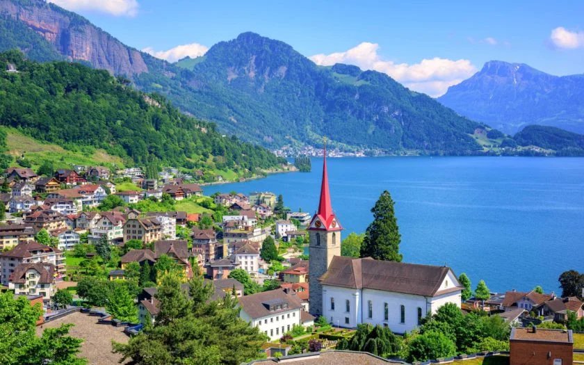 Swiss village on lake with mountains